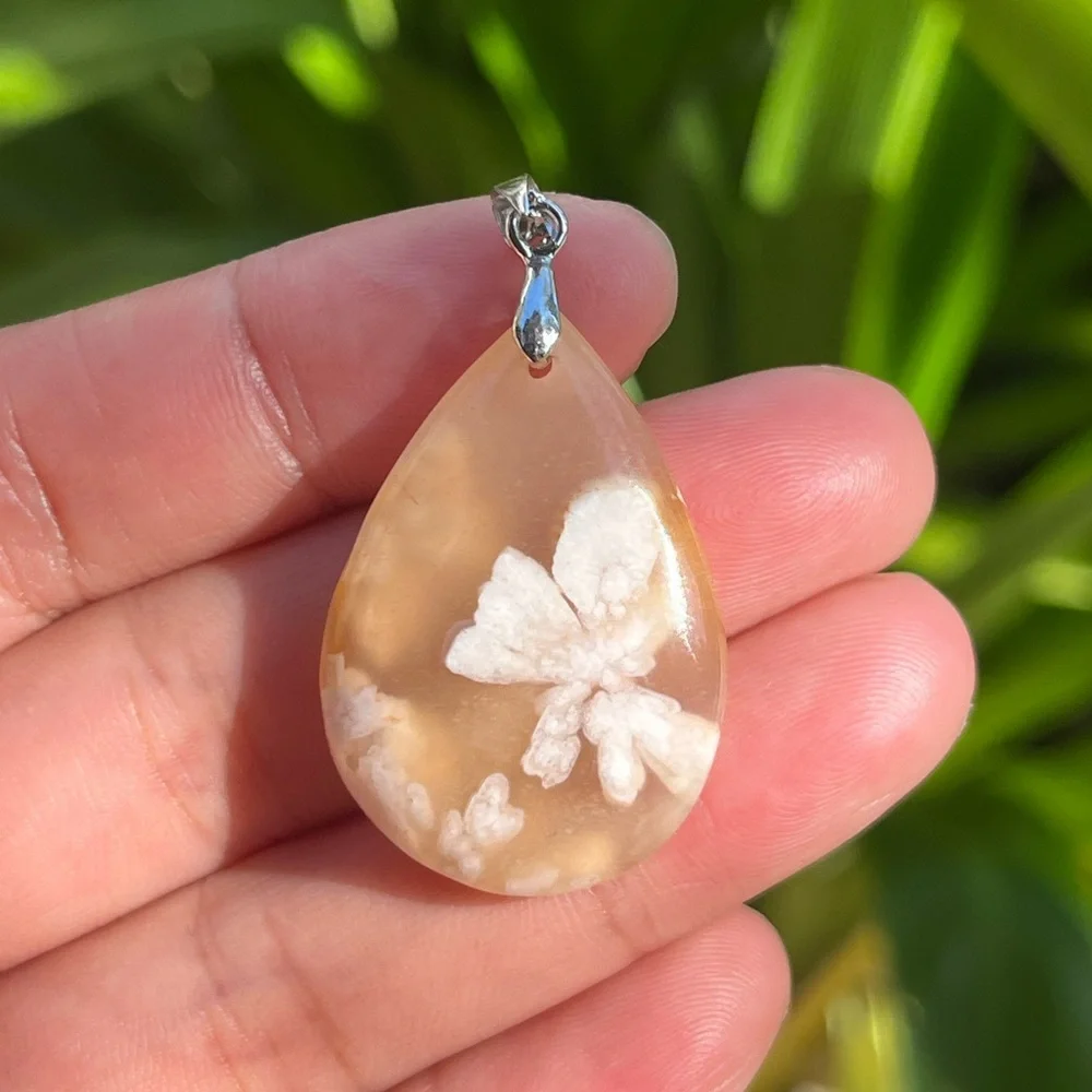 Sterling‎ silver pink butterfly patterm flower agate pendant 0966
